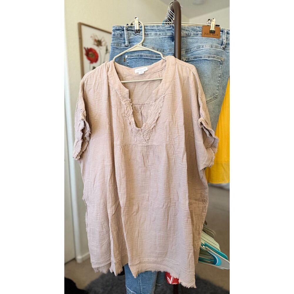 Light Mocha Short Sleeve Raw Hem Gauze Top 3XL